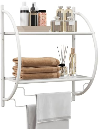 COSTWAY Etagère Murale de Salle de Bain,Meuble de Rangement en Métal Chromé INOX avec 2 Tablettes de Conception Creuse et 2 Porte-Serviettes pour Toilettes,WC, 26 x 45 x 55 cm (Blanc)