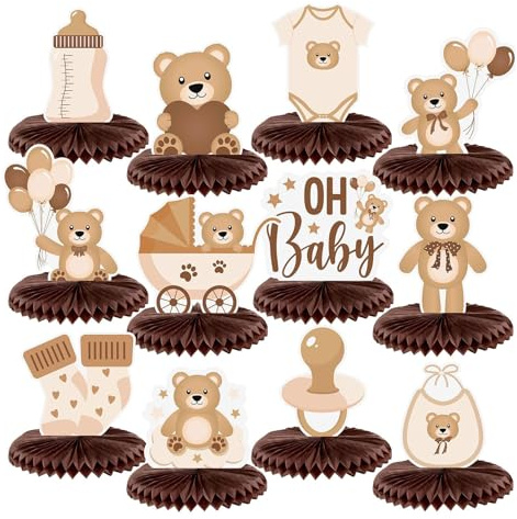 Bubaxuce 12 Pièces Décoration De Table Ours Bébé Douche Nid d'abeille Crème Neutre Ornements De Table pour Fête d'anniversaire Bébé Ours Douche Accessoires De Table Toppe