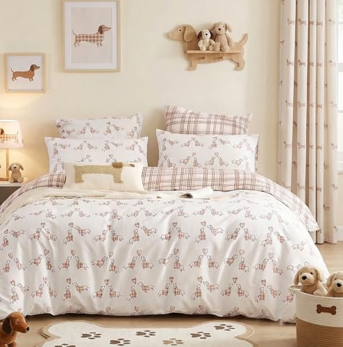 Lanqinglv Ropa de cama infantil de 135 x 200 cm, diseño de perro salchicha, color marrón y blanco, ropa de cama para niñas y niños, de microfibra, con certificado Öko-Tex