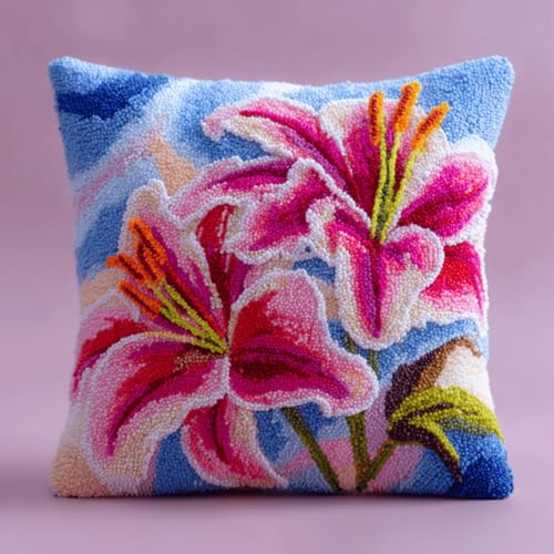 Kits de Tapis Latch Hook Lis 43x43 cm pour Débutants Adultes - Crochet de Loquet Carré, Coussins Point Noué à Faire Soi-Même