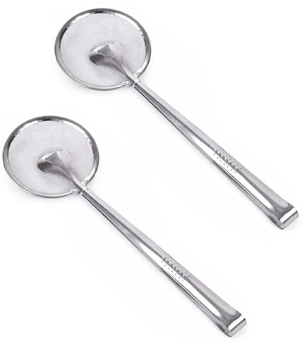 PNJB Oil Sieve Skimmer Ladle, Stainless Steel Mesh, Frying Strainer Spoon, Compact Design, Durable Long Handle, Rust-Resistant, Oil Filter for Deep Frying, Indian Cooking, Snacks, (2Pcs)