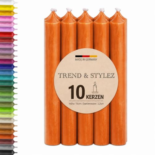 10 Spitzkerzen durchgefärbt (180x22mm) | RAL Stabkerzen mit 8h+ Brenndauer | Ohne Tropfen & Rußen | Tafelkerzen für Leuchter | Made in Germany (Orange)