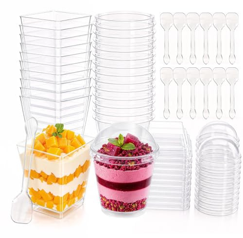 60 Stück Dessertgläser Plastik, 150ML+200ML Wiederverwendbar Dessertbecher mit Deckel und Löffeln, Multifunktionale Stapelbar Dessertschalen für DIY Desserts Pudding Mousse Hochzeit (Eckig+Runden)