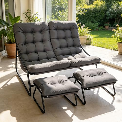 SANEIOUI Gartenliege 2 Personen Metall, Doppelliege Outdoor 2 Personen mit Dicker Abnehmbares Gepolsterter, Belastbarkeit bis 225kg, Relaxliege für Garten, Wohnzimmer, Terrasse (grau mit Fußbank)