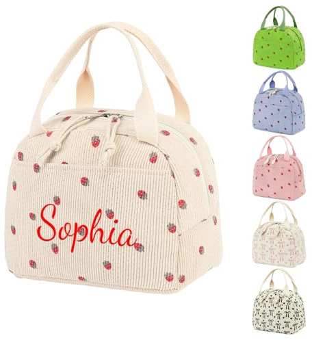 Genérico Bolsa de Almuerzo Personalizada con Nombre Bordado, Bolsa Térmica de Tela para Comida, Diseño de Fresa y Lazo, Ideal para Colegio, Trabajo y Viaje (Fresa en crema)