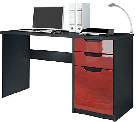 Vladon Schreibtisch Logan, Made in Germany, Bürotisch mit 2 Schubladen und 1 Tür, Schwarz matt/Bordeaux Hochglanz (129 x 76 x 60 cm)