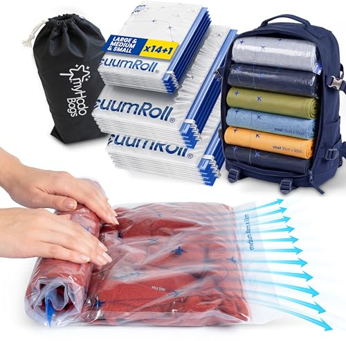 myHodo Travel Vacuum Storage Bags (14+1 Pack) - Reusable Compression Bags with Double-Zip Seal, Smart Space Saver for Clothes, Versatile Packing for Travels, Luggage, Suitcase & Backpack