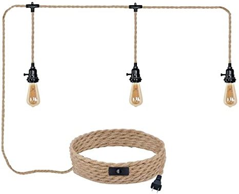 ALAISLYC Triple Plug in Pendant Lights with Cord Hanging Lamp Kit with Switch 23 Ft Long Hemp Rope Farmhouse Pndant Light Cord Lighting Fixture Kits DIY Hanging Light