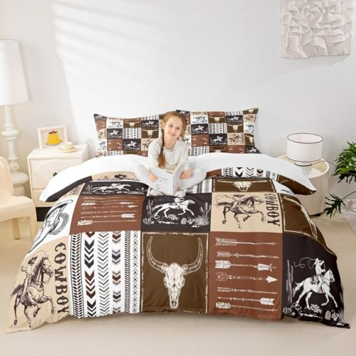 Western Cowboy Kids Duvet Cover Set Twin Size, Bull Skull Horse Arrow Print Quilt Cover with 1 Pillowcase, American West Brown Lattice Patchwork Bedding Cover for Boys Teens Room Decor, No Filler