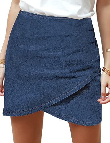 Roskiky Donne Tulipano Orlo Increspato Lavato Casual Bodycon Breve Jean Denim Gonna, Azzurro cobalto, X-Small