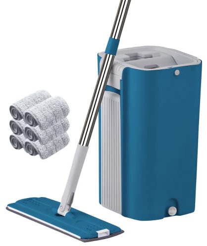 Mocio Lavapavimenti Piatto e Secchio Strizzatore Mop Lavapavimenti Rotante e Lavaggio per la Pulizia Pavimenti Piastrelle e Pareti Finestre Marmo Mop Bucket Set 6 Tamponi Tappetini Riutilizzabili