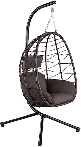 HinHocker Fauteuil hamac avec châssis | Marron | Hamac Suspendu pour l’intérieur et l’extérieur | Coussin et Rembourrage d'assise de siège Inclus | Fauteuil Oeuf Suspendu pour terrasse
