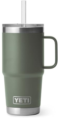 YETI Rambler Trinkbecher mit Griff und Strohhalm-Deckel, Reisebecher, Wasserbecher, vakuumisolierter Becher mit Griff, Edelstahl, Camp-Grün