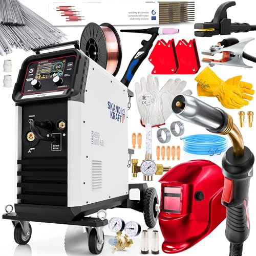 SKANDI KRAFT iTECH MIG 350 4R - 350A Doppelpuls MIG MAG Schutzgasschweißgerät 400V mit Wagen - MIG/MAG AUTO System, WIG Lift, MMA, Lötschweißen und Punktschweißen - Set PremiumPlus