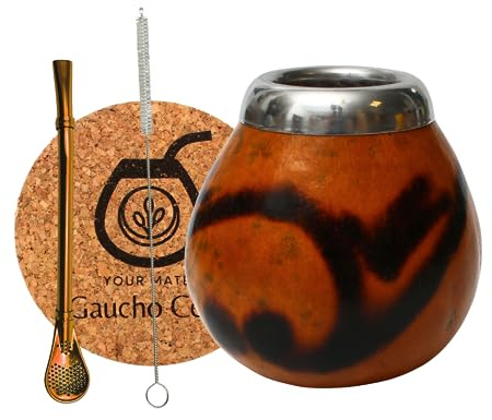 Gaucho Cebar set naturliga kalekoppar för Yerba Mate-te | Pumpakopp och sugrör i rostfritt stål Bombilla Straw | Tillbehör – korkdyna och, [Natural]