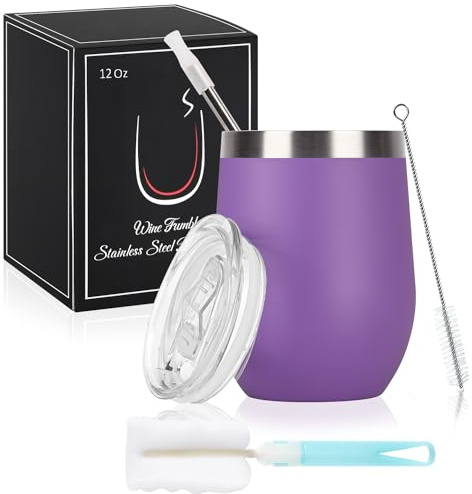 Joymaking Gobelets à vin en acier inoxydable Stemless avec couvercle, double paroi incassable gobelet de voyage pour lait, café, vin, bière, champagne, cocktails, violet
