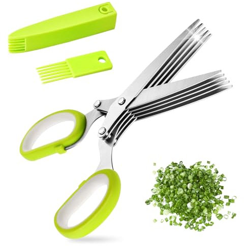 Herb Scissors, Stainless Steel Kitchen Scissors, 5 Blades, Multi-Blade Scissors Kitchen with Cleaning Comb and Safety Cover, Parsley Cutter for Chopping Green Onions, Chives, Herbs