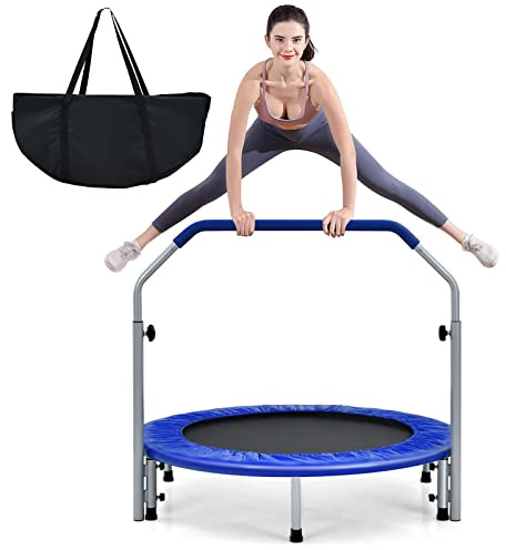 GYMAX 40 Mini Fitness Trampoline, Foldable Exercise Rebounder with 4-level Adjustable Foam Handrail, Indoor/Outdoor Gym Trampolines for Kids Adults (Blue+Black)