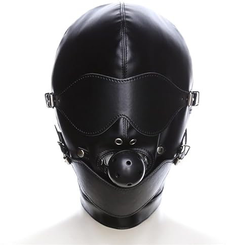 Cagoule Sexy Érotique cuir artificiel Noir BDSM avec Bâillon Harnais Ghost avec Cache-Œil Rétractable Jouet Érotique Sexy Couple SM Taille Universelle cagoules baillon sm FOPS B23-7