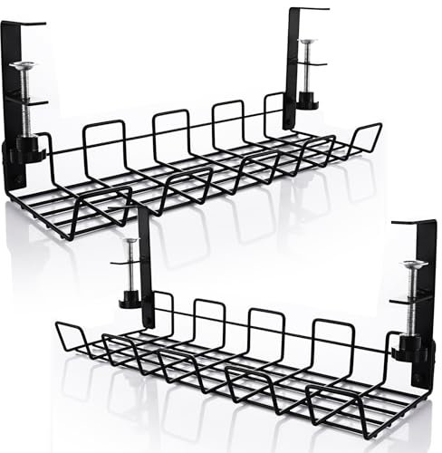 VIDETOL Under Desk Cable Management Tray, No Drill Cable Tray for Storing Extension Cords and Hiding Wires, Metal Black Cable Rack with Clamp for Home, Office, Internet Cafe, Kitchen, 2 Pack