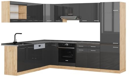 Vicco Eckküche R-Line, Anthrazit Hochglanz/Goldkraft Eiche, 227 x 287 cm, AP Anthrazit
