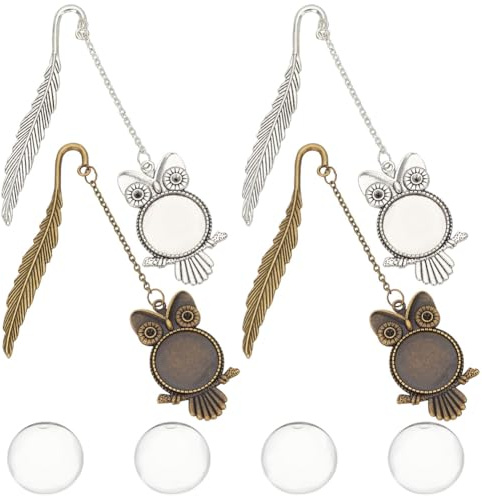 HOBBIESAY 4 Stück 2 Farben Feder Eule Lesezeichen Aus Metall Legierung Lesezeichen Mit Kette Vintage Lesezeichen Tibetischen Stil Lesezeichen Mit Cabochon Lünette Zum Selbermachen von Lesezeichen
