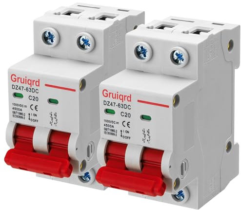 2 Stück Pv Sicherungsautomat DC 1000V 20A 2 Polig DZ47-C20 Solar Leitungsschutzschalter Trennschalter Schutzluftschalter Schutzschalter für Photovoltaik-Systeme