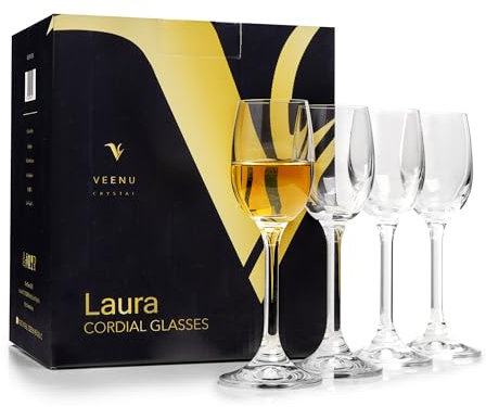 Veenu Crystal Wine Glasses Set of 4 Unique Crystal Cordial Stemmed Red & White Port Wine Glass Set, 100% Lead-Free Glass (VC_Lara_65ML_SO4)