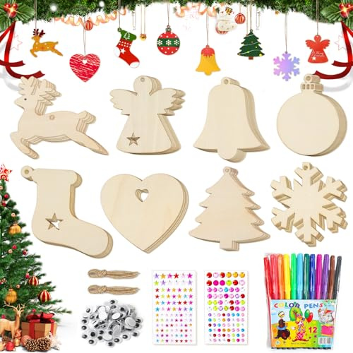 Powmag Holzanhänger zum Bemalen Weihnachten, 80 Stück DIY Holzanhänger Weihnachten mit Aufkleber, Holz Weihnachtsdeko Anhänger, Basteln Weihnachten Kinder, Weihnachtsdekoration für Jungen und Mädchen