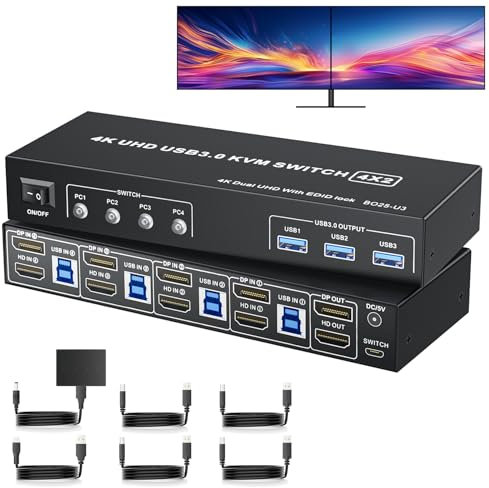 BolAAzuL USB 3.0 HDMI + DisplayPort KVM-Switch für 4 Computer teilen Sich 2 Monitore, 4K, unterstützt erweiterten/Kopier-/Spleißmodus, mit 4 DP&HDMI-Port-Eingängen, 1 HDMI&DP-Ausgang, 3 USB 3.0-Ports