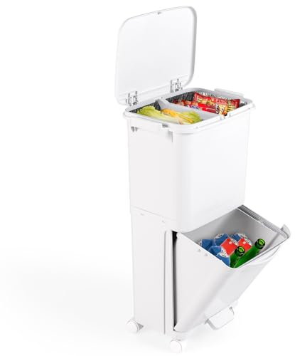 COSTWAY Poubelle Cuisine 40 L en Plastique, Poubelle Tri Selectif 2 Bac, Poubelle à Pédale Étroite 28 cm, Fermeture à Pression, Panneau de Séparation, Roues avec Frein, Crochet, Autocollant
