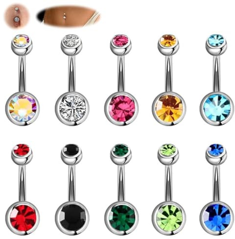 ZEPIQOR 10 Piercings para Ombligo, Acero Quirúrgico y Titanio, Doble Gema, Calibre 14 (1.6 mm x 11 mm)