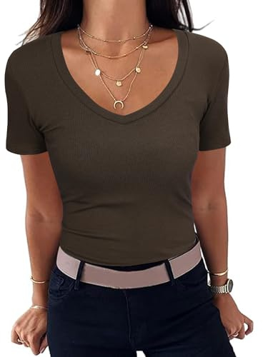 Aottori Basic T-shirt dam sommar kortärmade T-shirts eleganta stickade blusar v-ringad stretch lättviktig enfärgad ledig tunika topp, Brun, XL