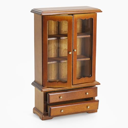 Odoria Puppenhaus Schrank Miniatur Bücherregal: 1/12 Maßstab Küchenregal Braun für Esszimmer Wohnzimmer Viktorianisch Vintage - Mini Möbel Holz mit Schublade Bibliothek Büro Antik
