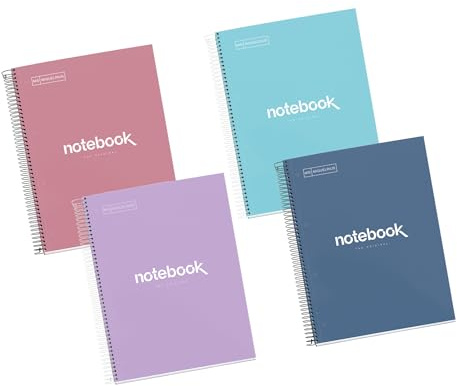 Miquelrius - Pack 4 Cuadernos A4 Cuadriculados, 160 Hojas, Tapa Dura | Papel de 90 g/m², Hojas Microperforadas, Espiral, 4 Taladros para Archivar, Notebook Emotions, Vuelta al Cole y Oficina