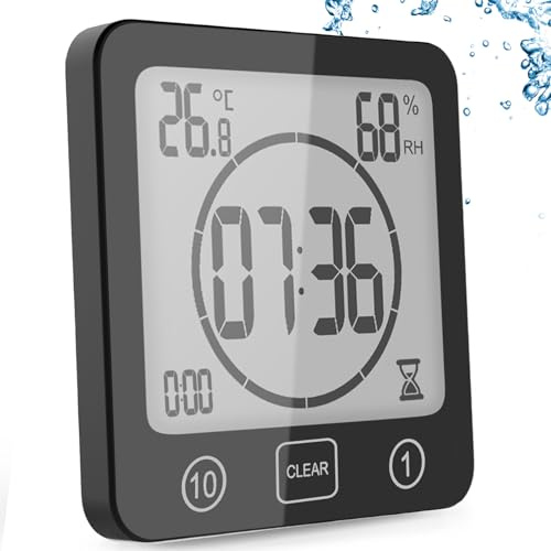 YiChZhe Badrum väckarklocka badkarstimer, vattentät digital badrumsklocka, badrumsklocka duschtimer med hygrometer och termometer, LCD-skärm, nedräkningstimer, för dusch, kök, familjevardage-svart