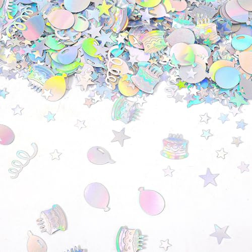Gosknor 600pcs Birthday Confetti, Metallic Birthday Table Scatter Iridescent Party Confetti for DIY Crafts Cake Balloons Stars Ribbons Shapes Festive Table Decoration