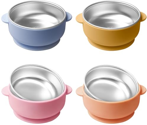 4 Stück Edelstahl Teller Baby mit Saugnapf, 2 in 1 Verbrühungsschutz Baby Schalen, kindergeschirr edelstahl mit Abnehmbar Silikon Hülse, Kinderteller Brei Schüssel Baby Edelstahl für Kleine Kinder