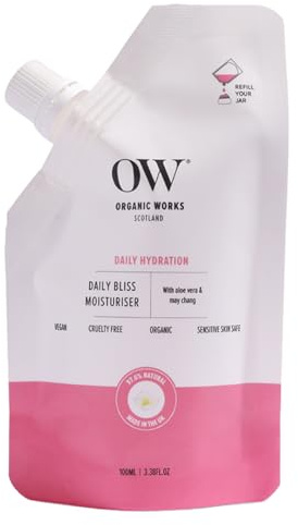 Organic Works Daily Bliss Moisturiser 100ml – 97.60% Natural, Anti-Acne Daily Cream with Aloe Vera, Salicylic Acid & Shea Butter– Hydrating,Protective Care for Soft & Supple Skin,Suitable for Dry Skin
