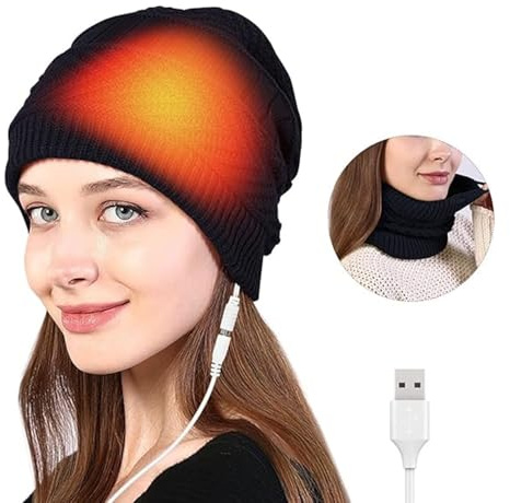 KQLHLHDYZ Berretto riscaldato, riscaldato tramite USB, per donne e uomini, 2 in 1, elettrico, caldo, caldo, per sci, escursionismo (senza batteria), nero