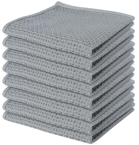 Kitchen Cloths 100% Cotton, Grey Dish Cloths with Hanging Loop for Washing Up, Soft Lint Free Cleaning Cloths for Kitchen, 30 x 30 cm, Pack of 8