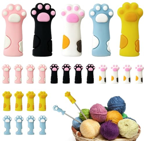 20 Stück Maschenstopper für Stricknadeln, Silikon Stricknadel Stopper Nadelstopper für Stricknadeln in Katzenpfotenform zum Stricken Nähen Häkeln Handarbeit
