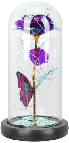EPIGEIST Rose Éternelle Préservée sous Cloche en Verre Or Doré Décoration de Fleur Violette Ornement Intérieur Romantique pour Présent Saint-Valentin Fête des Mères Anniversaire