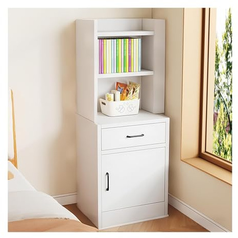 Eckregal Und Bücherschrank, Hoher Nachttisch, Hölzerne Bücherregale Mit Schubladen Und Aufbewahrungsschrank, Aktenschränke Im Landhausstil Für Wohnzimmer, Büro, Schlafzimmer(Weiß)