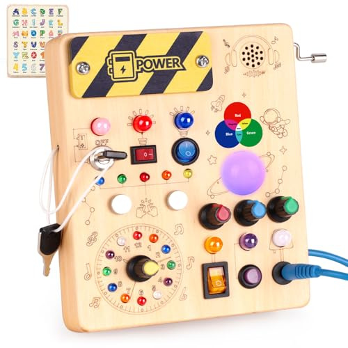 Konijiwa Juguetes Niños 1 año Montessori Busy Board con 12 interruptores y 24 Luces LED Juguete de Aprendizaje sensorial Juegos Niño 1 2 3 años Tablero de Actividades de Madera Regalo Niña