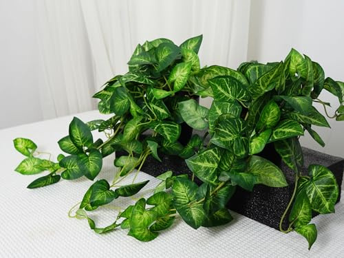 VOELIGT 2 Fake Pothos Hanging Plants Green & Yellow 70CM Faux Ivy Vines with Pots Realistic Silk Devil’s Ivy for Indoor Décor Artificial Greenery for Home Bathroom Office