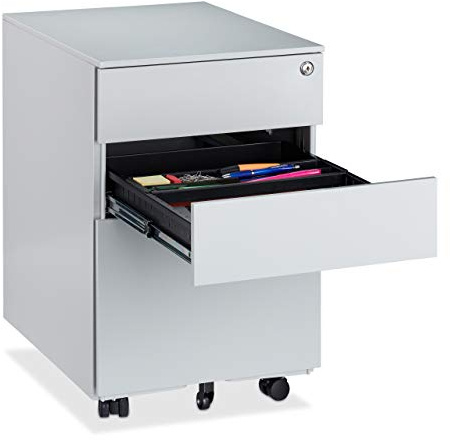 Relaxdays, grau Büro Rollcontainer, 3 Schubladen, abschließbar, Stiftablage, 360° drehbare Rollen, Stahl, HBT 60x39x52cm