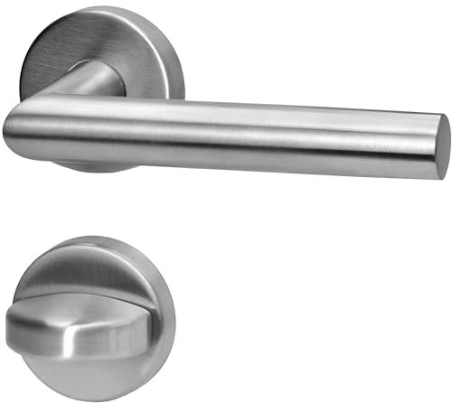 lockzz Türgriff Drückergarnitur Würzburg, Edelstahl matt gebürstet, Türbeschlag für Badezimmertüren, Rund-Rosette, L-Form, WC - Badezimmer