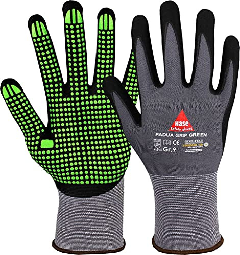 strongAnt PADUA GRIP Montagehandschuh aus Nylonfeinstrick mit Nitrilschaum Beschichtung und Nitrilbenoppung an Handinnenflüche und Fingerkuppen - Grau/Grün- Grüüe: 7
