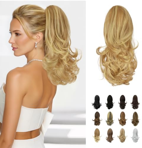 Sofeiyan Pferdeschwanz Haarteil,Haarteil mit Klammer,33 cm Zopf Extension | Langer lockiger Ponytail Extension,Synthetisches Pferdeschwanz-Extensions für Frauen,Hellblond/Platinblond-Mischung